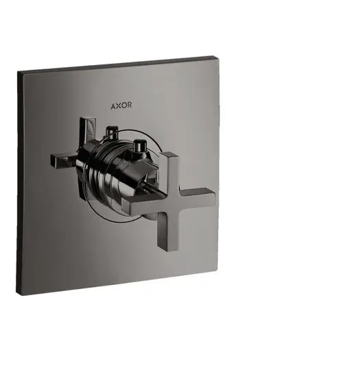 Thermostat zur Unterputzmontage von AXOR mit kreuzförmigem Griff in poliertem Schwarzchrom. Design mit einer quadratischen Platte und einem runden Regler.
